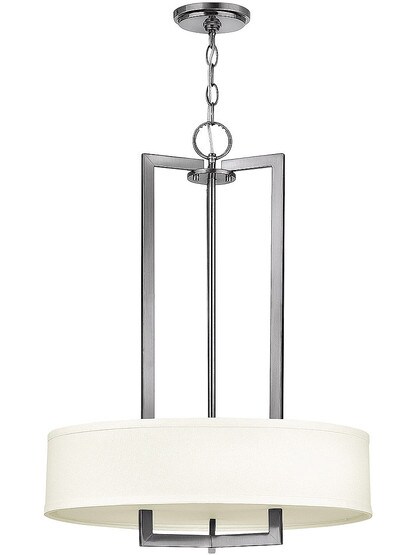 Hampton Small Chandelier With Linen Drum Shade in Antique Nickel.
